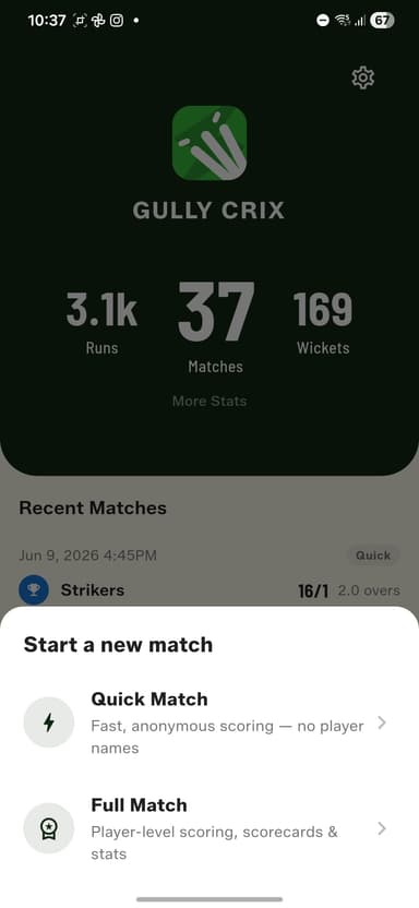 Two ways to score — Quick Match for speed, Full Match for player-level scoring