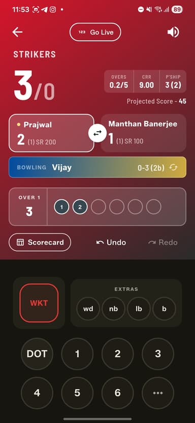 The Full Match header — overs, current run rate, the partnership at the crease and a projected score