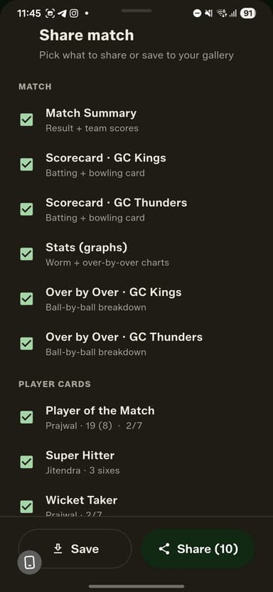 Share match — pick exactly what to send or save: summary, scorecards, stats graphs, over-by-over and player cards