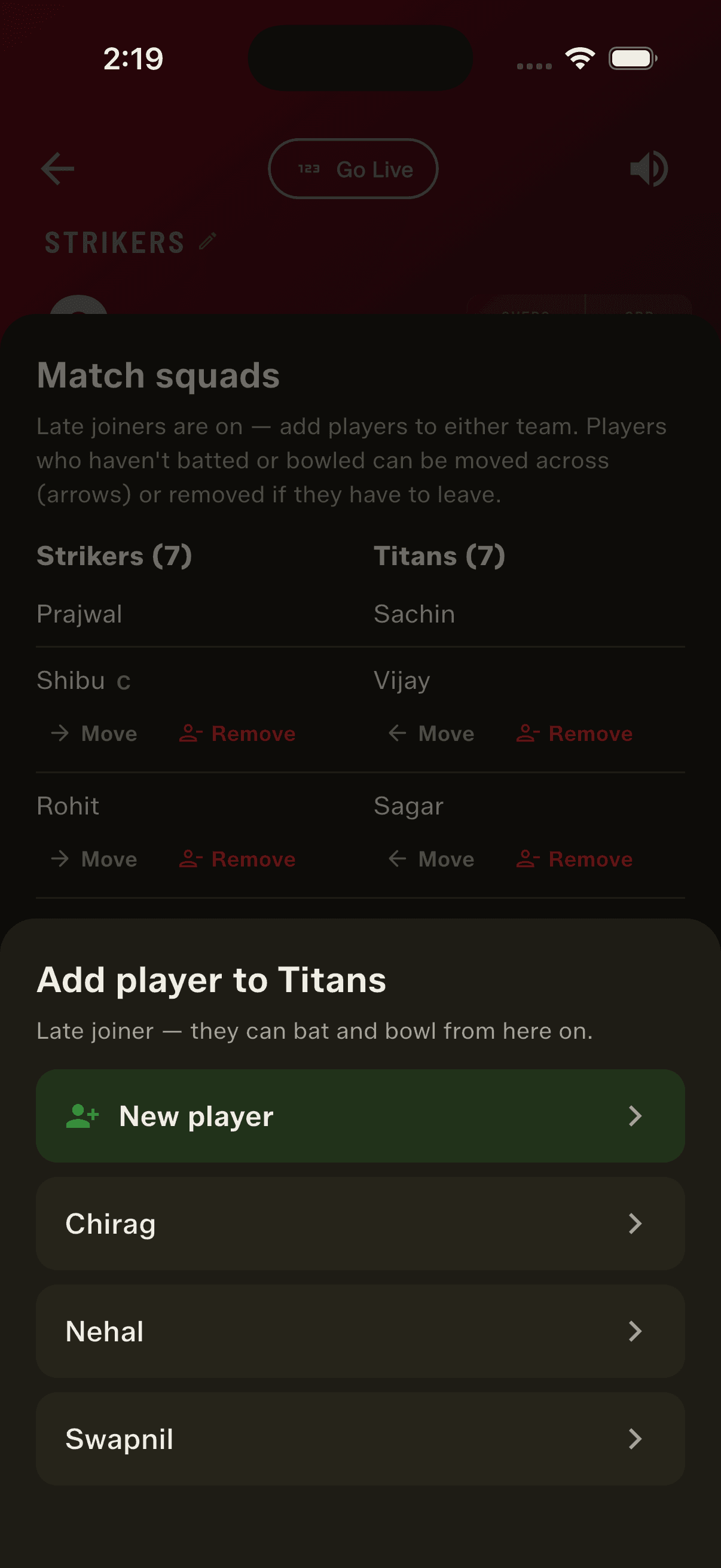 Add a latecomer to either team — they can bat and bowl from there on