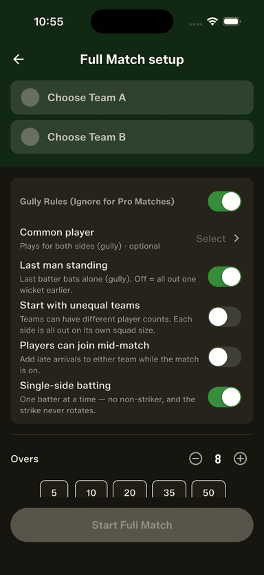 Full Match setup — unequal teams, mid-match joiners and single-side batting, all optional