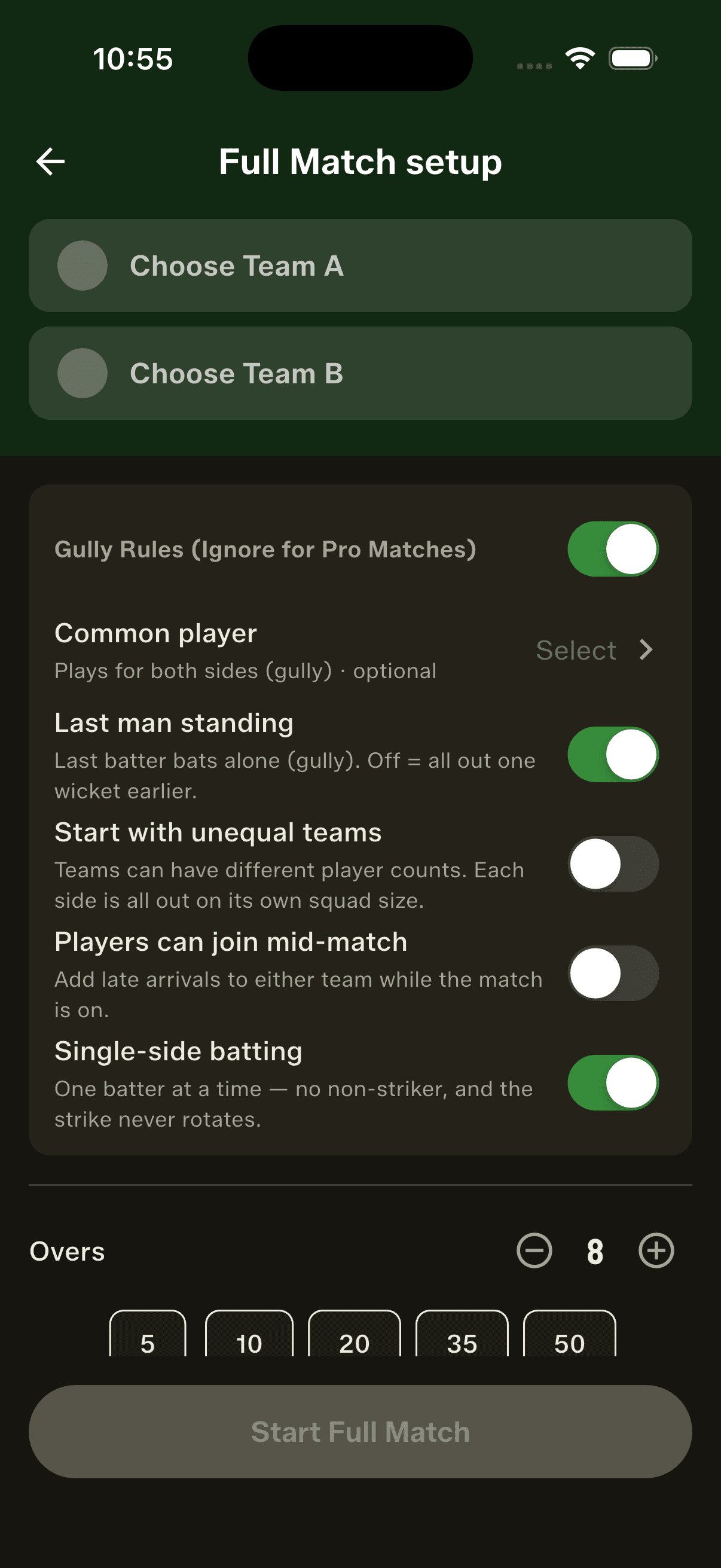 Full Match setup — unequal teams, mid-match joiners and single-side batting, all optional