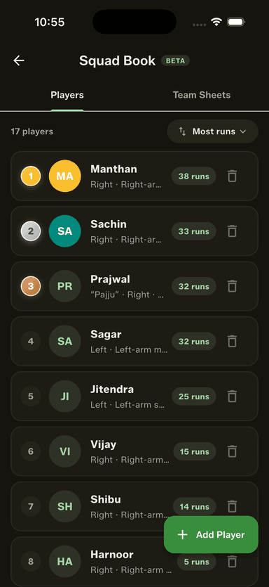 Sort your Squad Book by runs, wickets, sixes, strike rate or economy — the top three take the medals