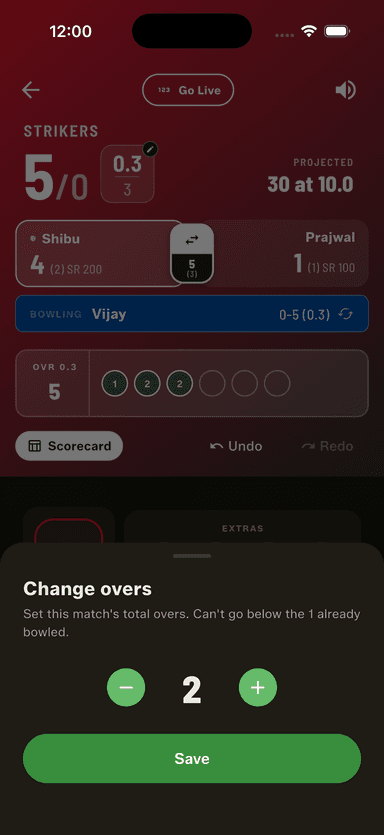Change the total overs mid-match — it can't drop below the overs already bowled