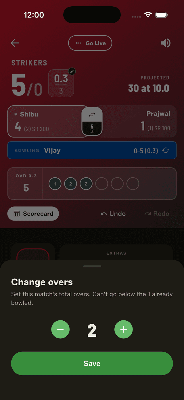 Changing the total overs mid-match in GullyCrix
