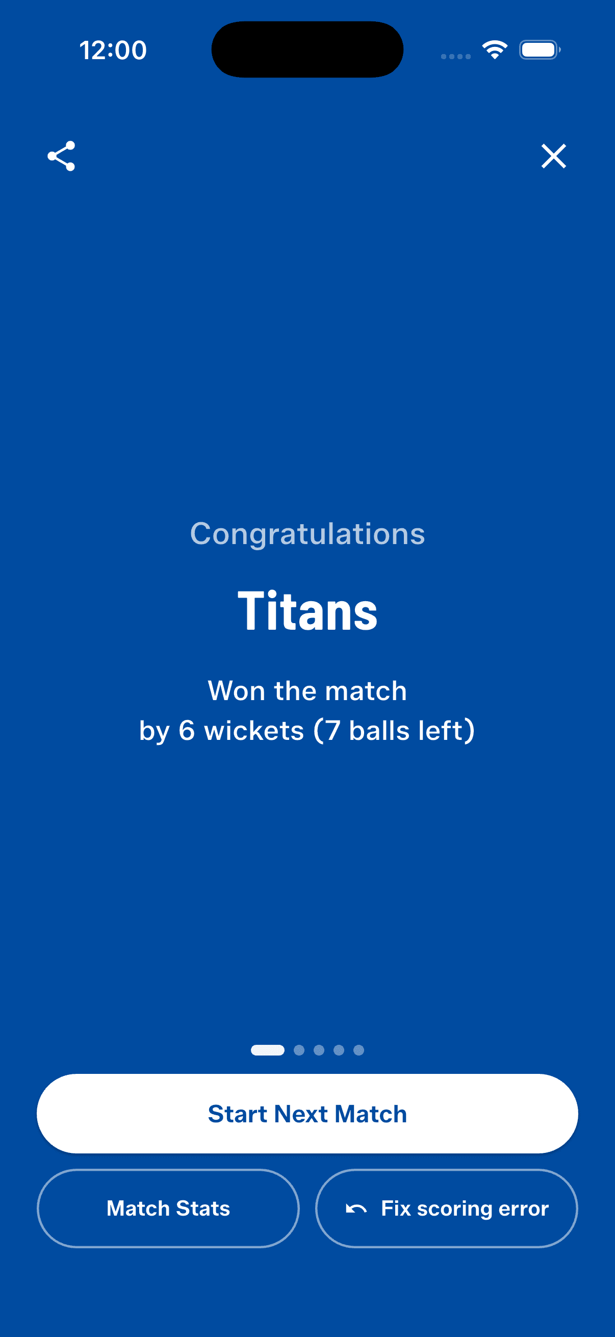 The result screen — one primary Start Next Match, with Match Stats and Fix scoring error beneath it