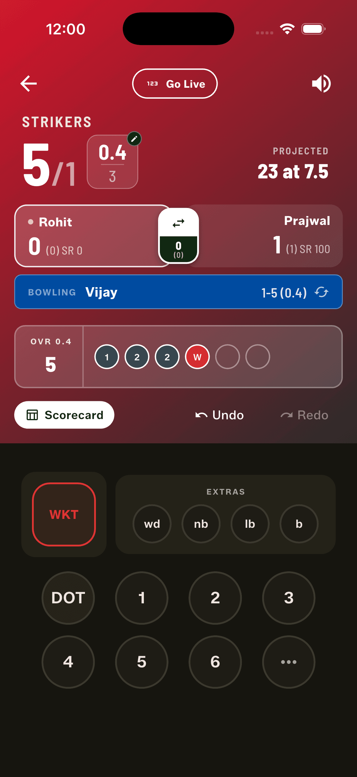 The sunlight-readable scoreboard — a big score and over count, a single projected/required line, and the live partnership on the strike-swap button