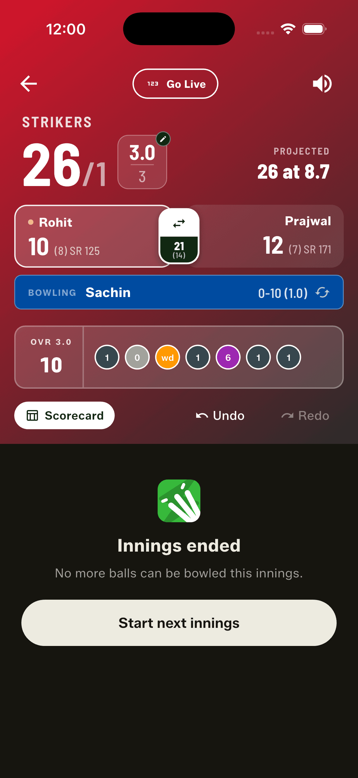 When an innings ends the controls lock, but the last over stays on screen with Undo — so you can step back and re-score