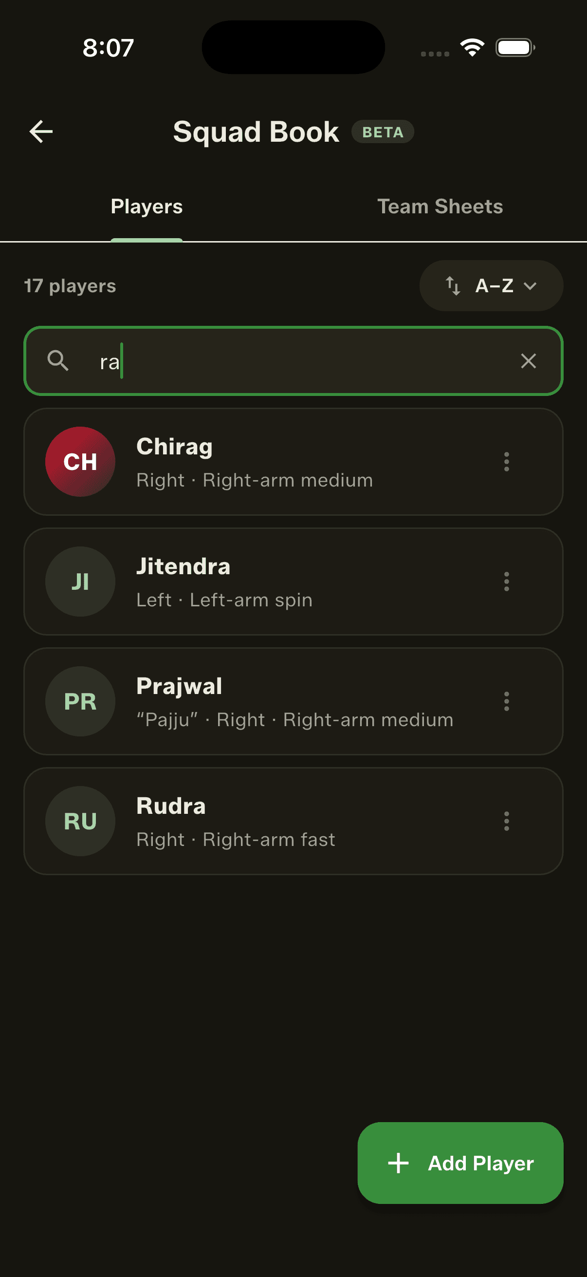Search any player list by name or nickname — the bar stays pinned while the roster scrolls