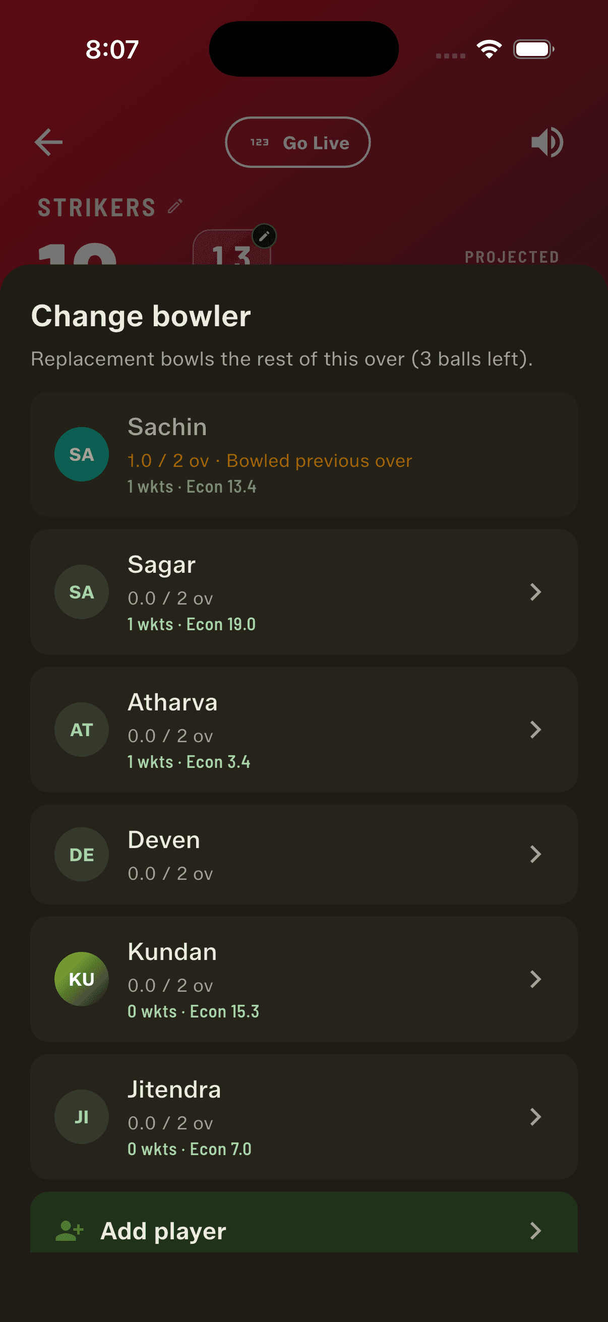The bowler picker now carries live figures and remaining quota, so you pick on evidence