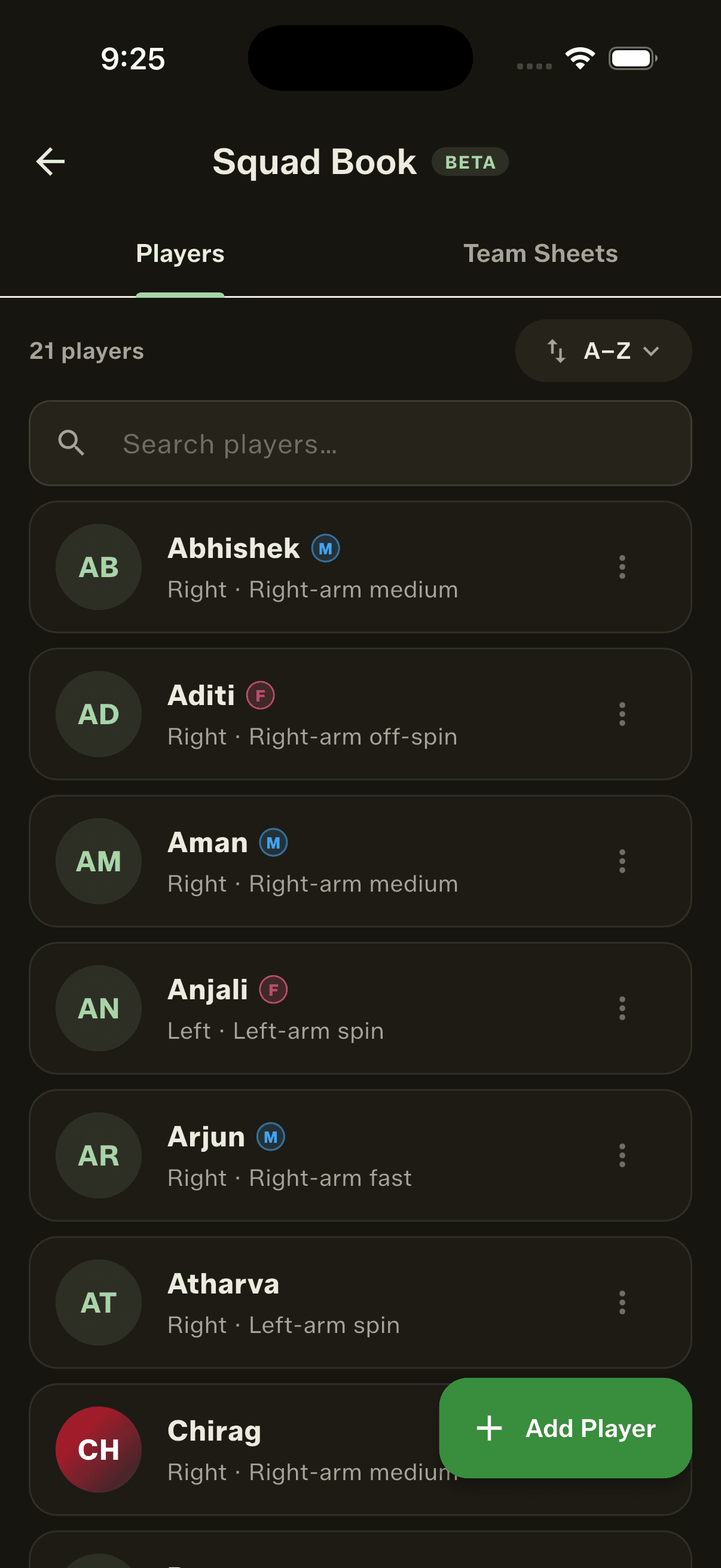 An optional M/F chip beside a name, so mixed squads can confirm the balance from the batting order