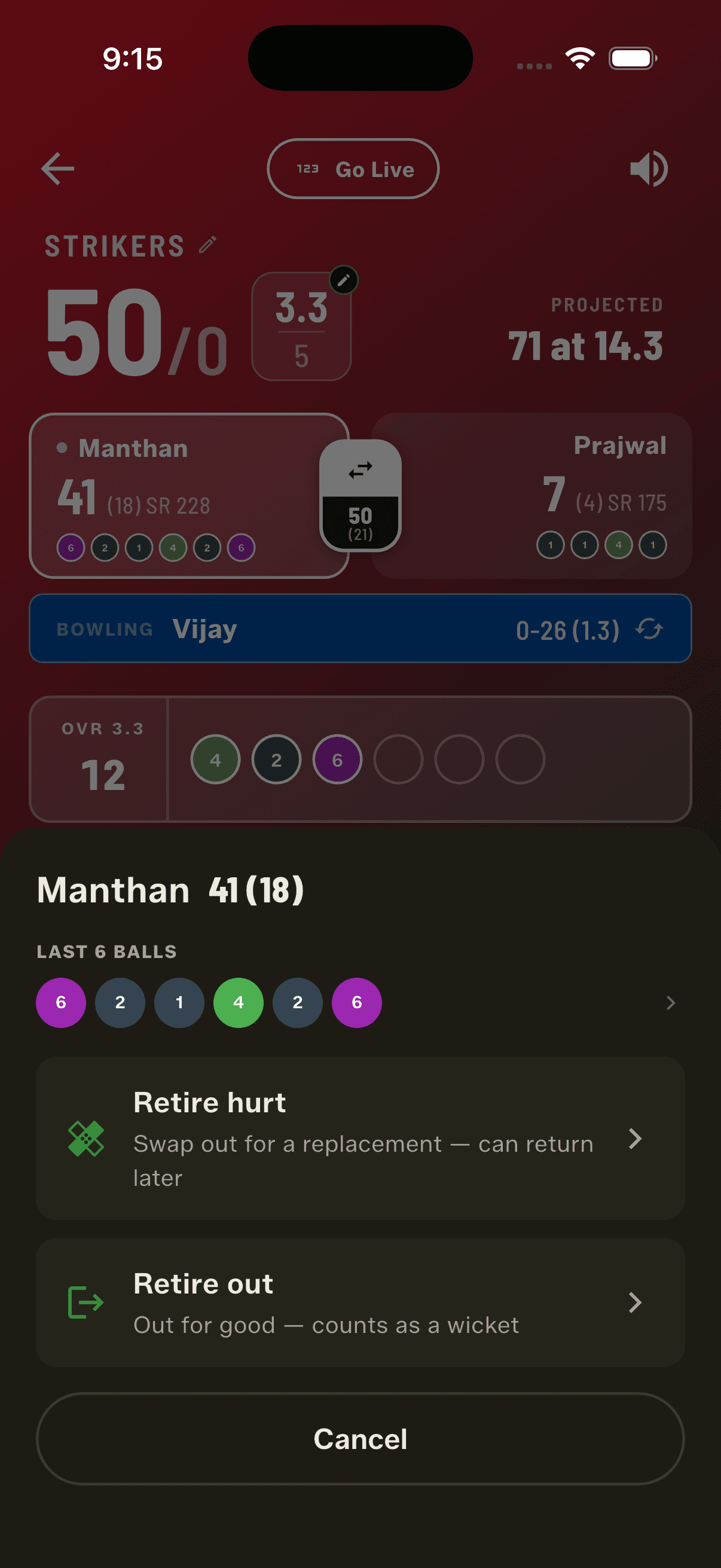 The batter sheet repeats the last six balls larger, above the retire options