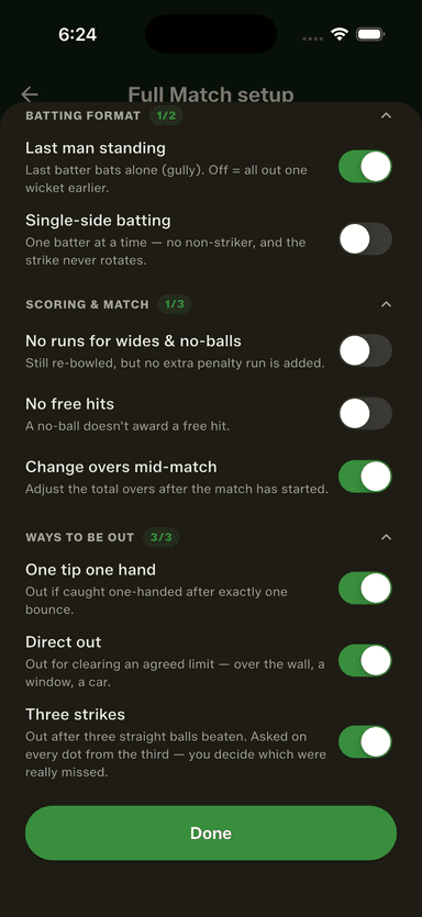 The new Ways to be out section — one tip one hand, direct out and three strikes, each a separate switch