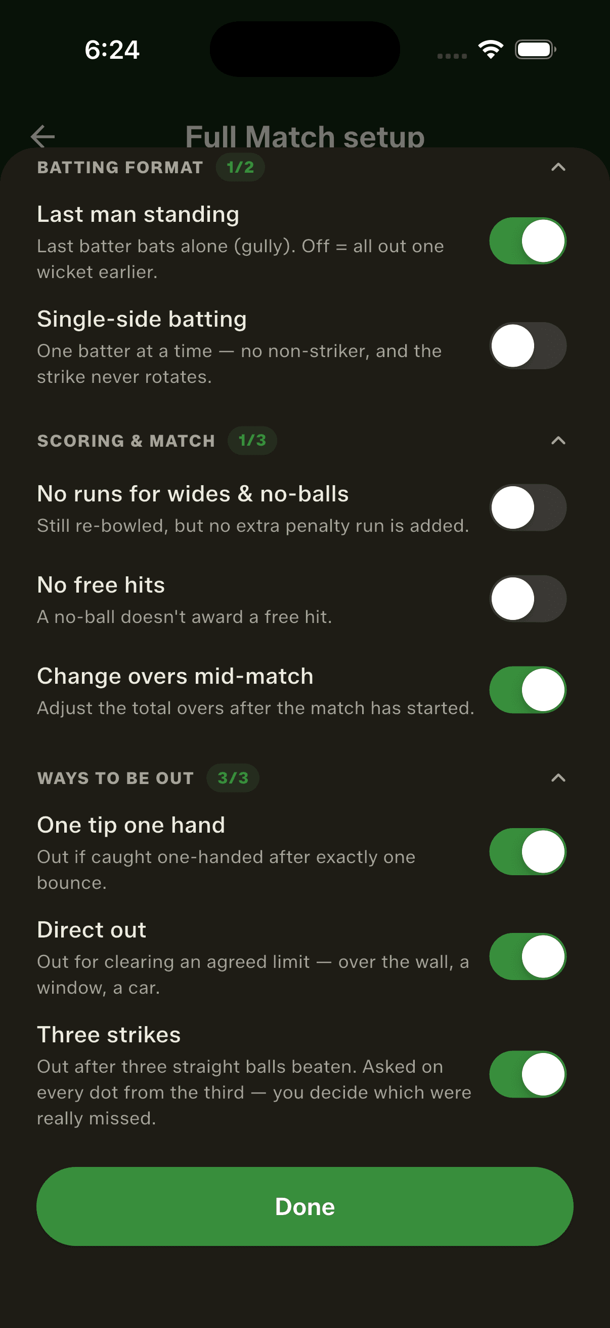 The new Ways to be out section — one tip one hand, direct out and three strikes, each a separate switch