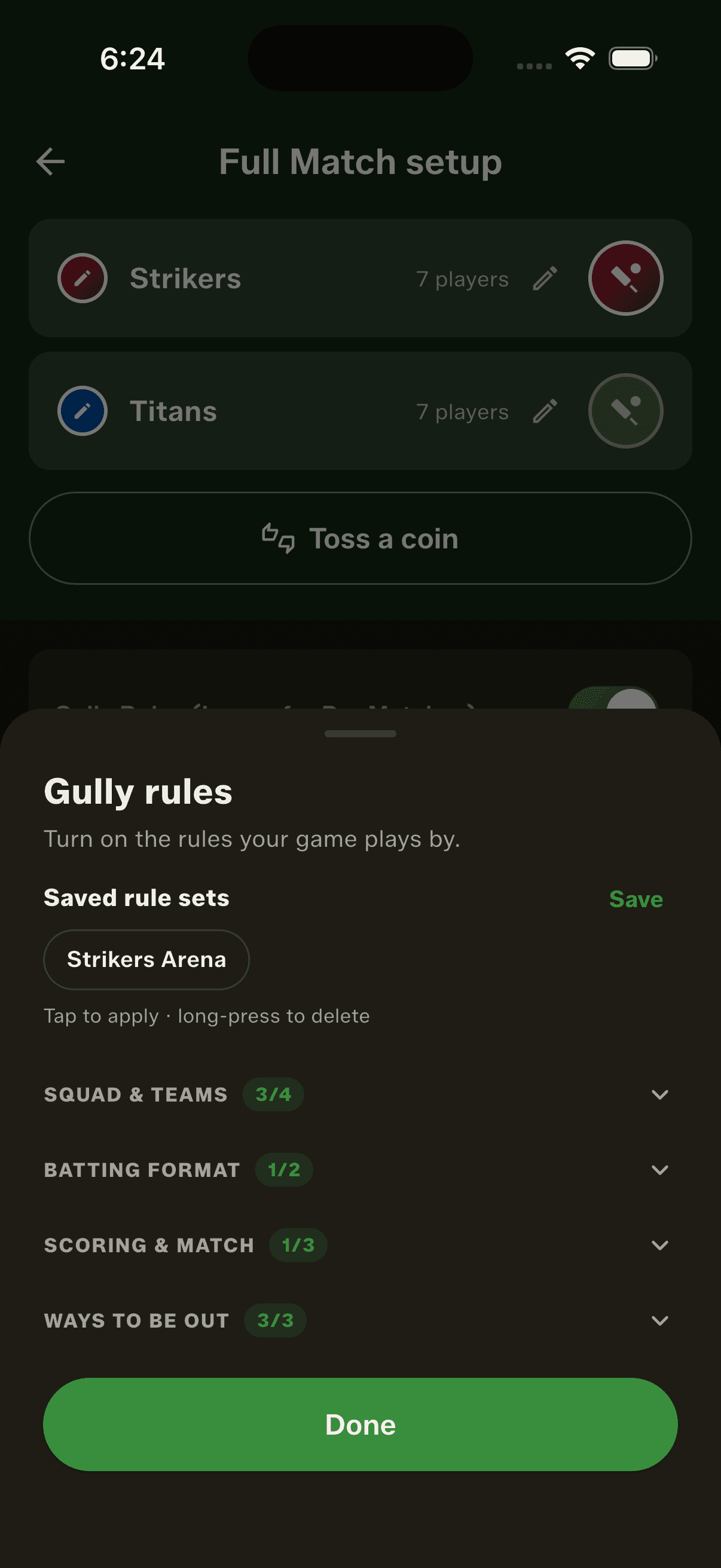 Four collapsible sections with a badge each, and your saved rule sets one tap away