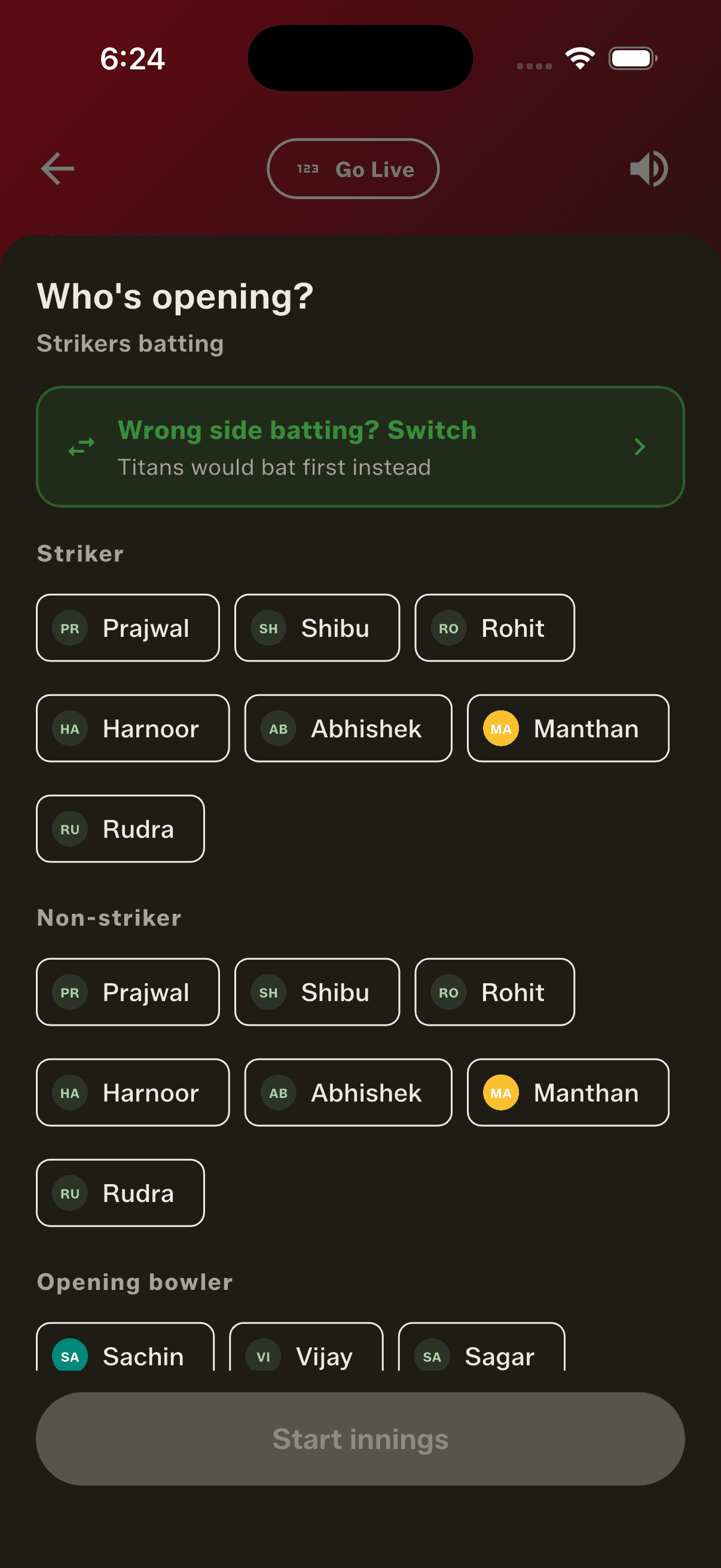 The openers screen names the batting side, so a mis-read toss is a one-tap fix