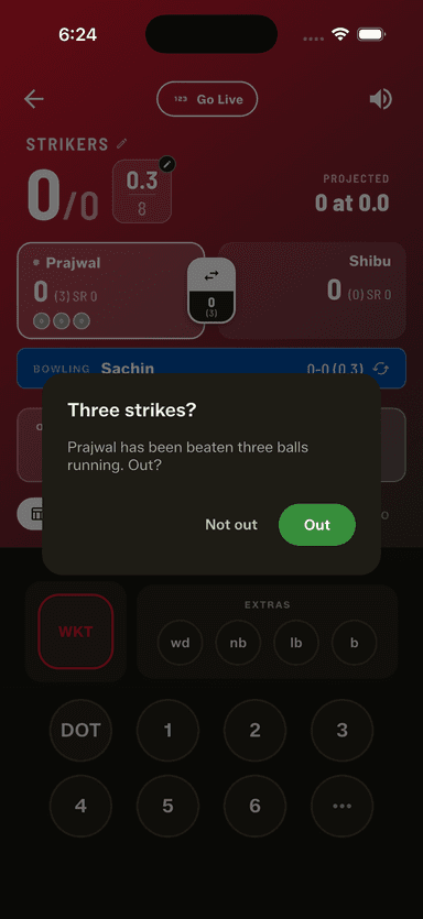 The app counts the run of beaten balls and asks on the third — you decide