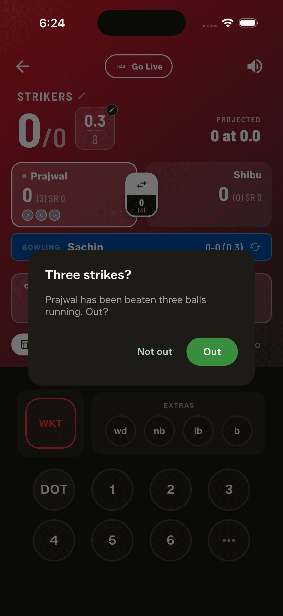 The app counts the run of beaten balls and asks on the third — you decide