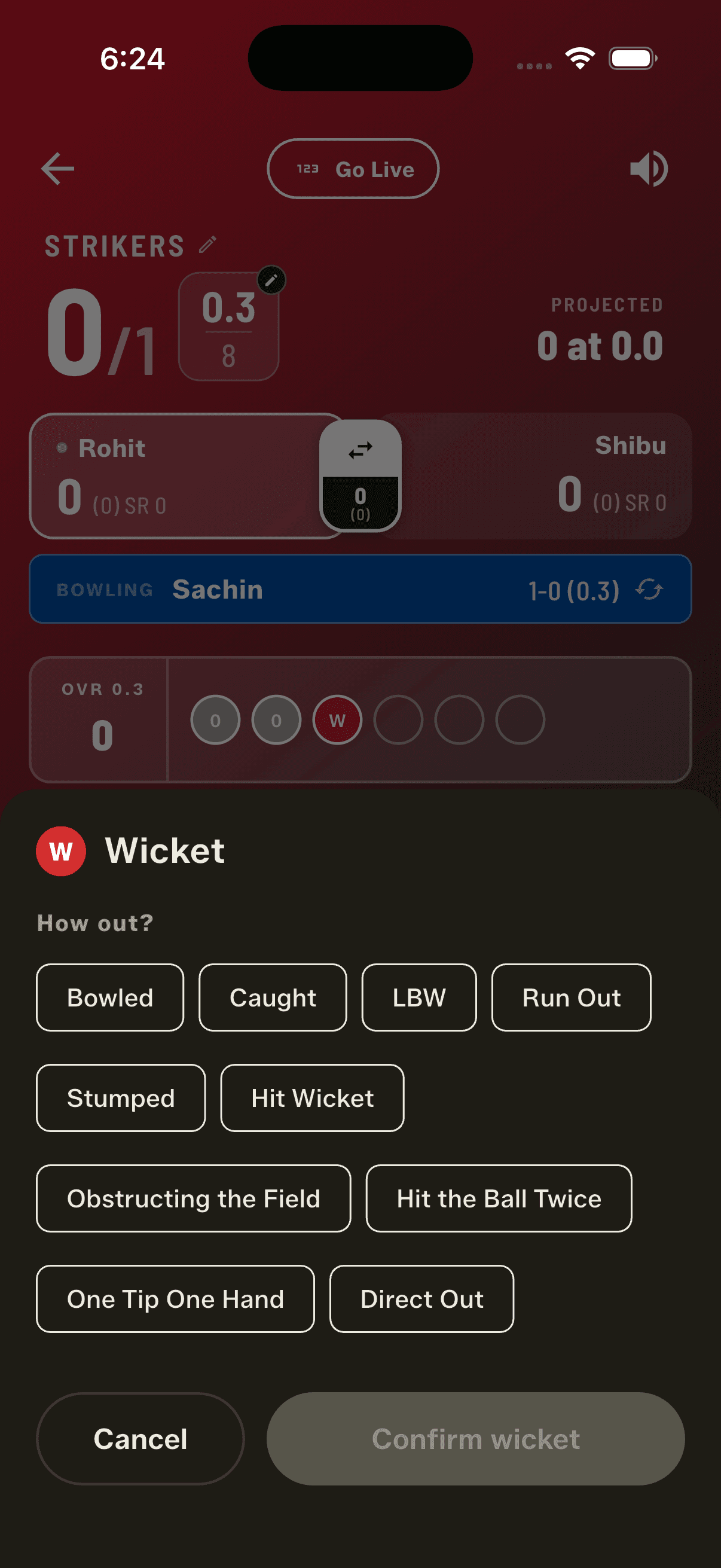 The wicket dialog offers the gully dismissals only when the match opted into them