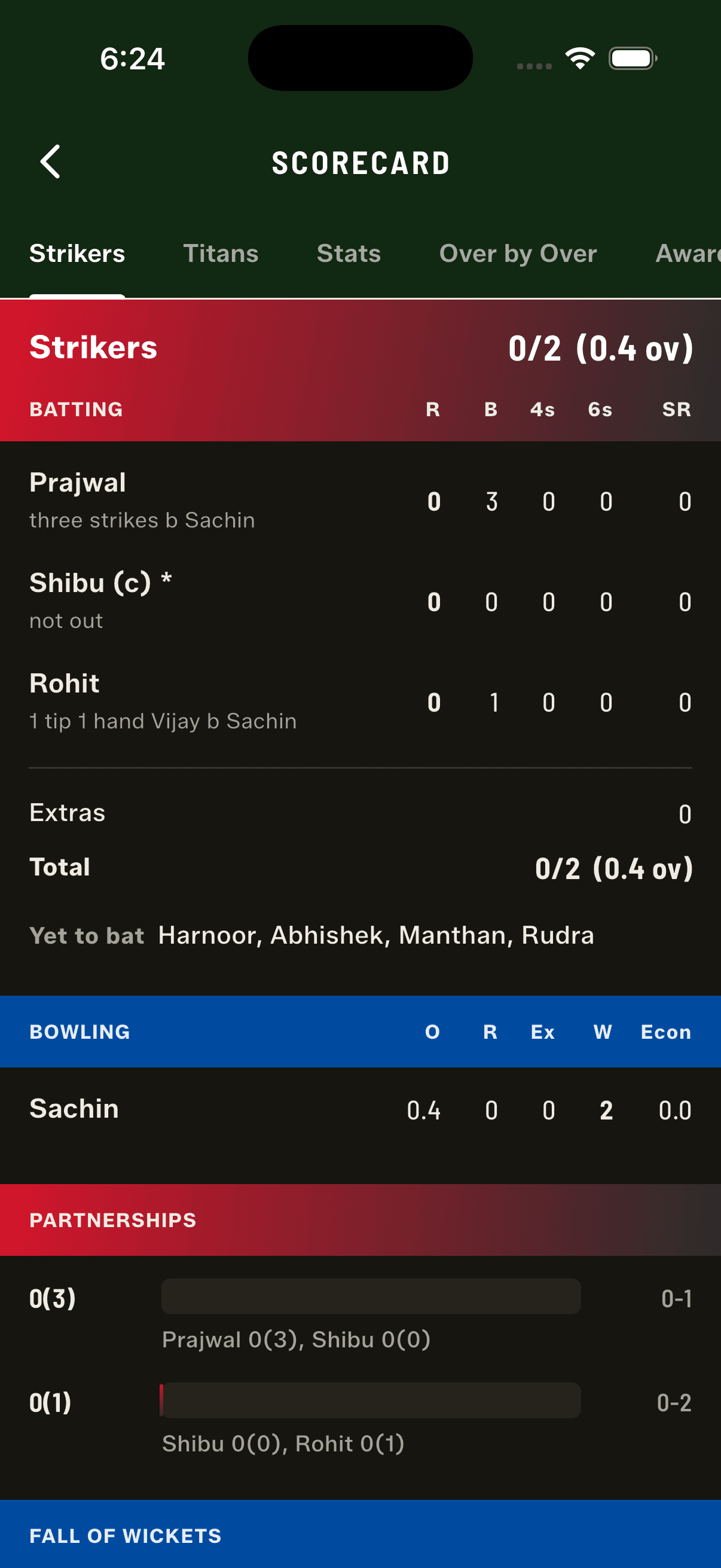 Both new dismissals as a scorer would write them: "three strikes b Sachin" and "1 tip 1 hand Vijay b Sachin"