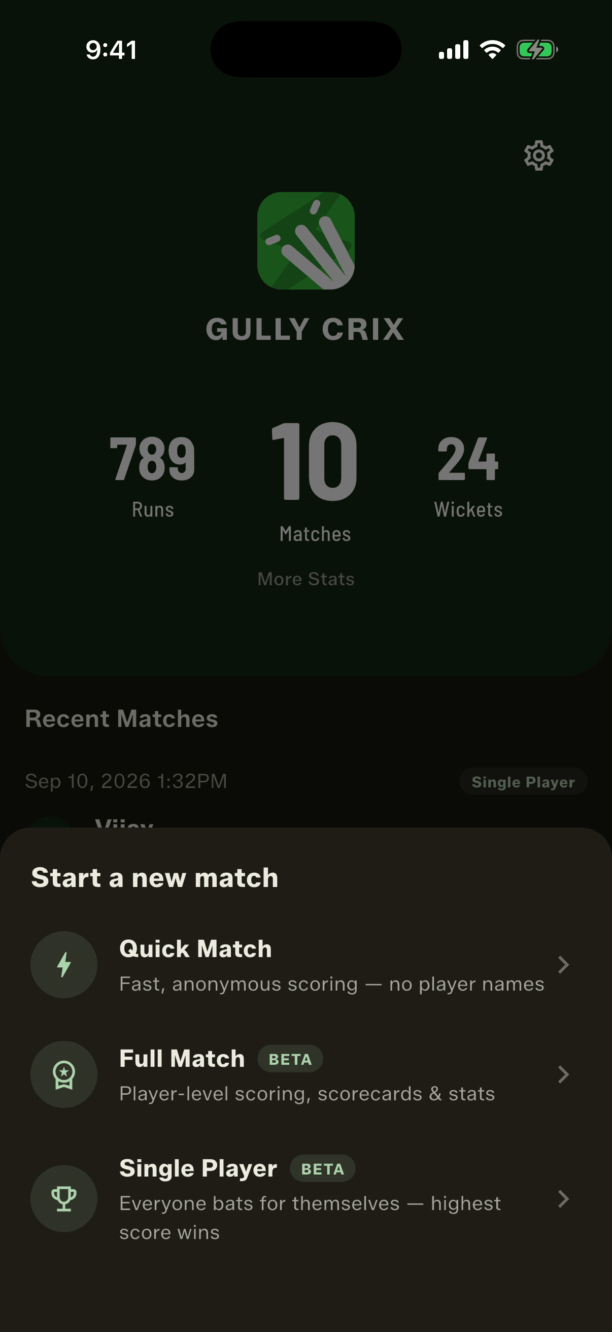 Single Player sits beside Quick Match and Full Match when you start a match