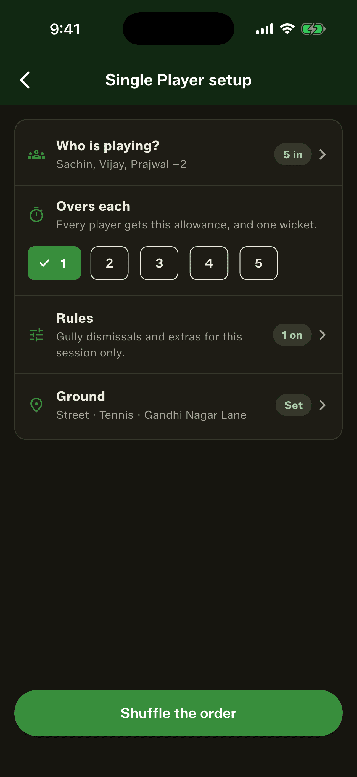 Setup in four rows: who's playing, overs each, rules and ground