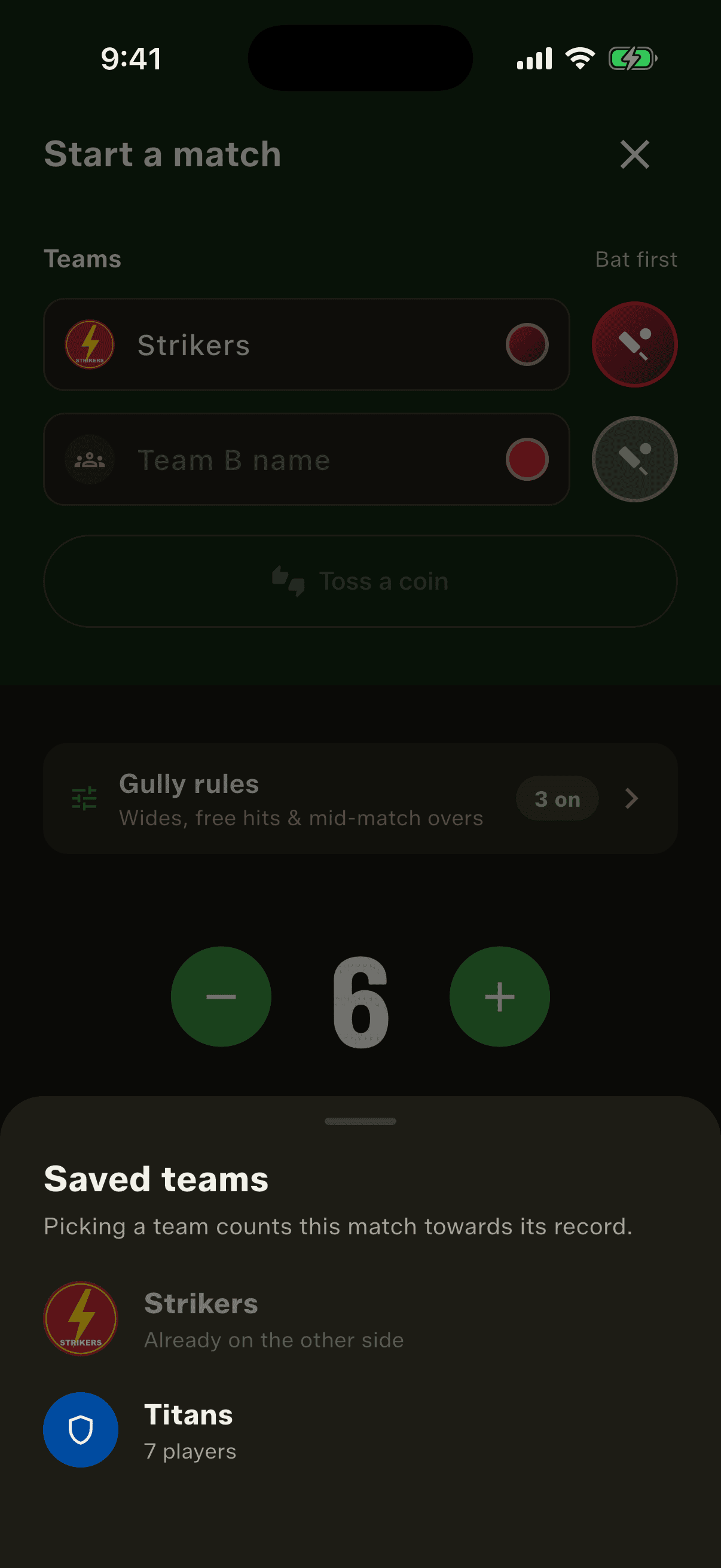 Pick a saved team in Quick Match and the match counts toward its record