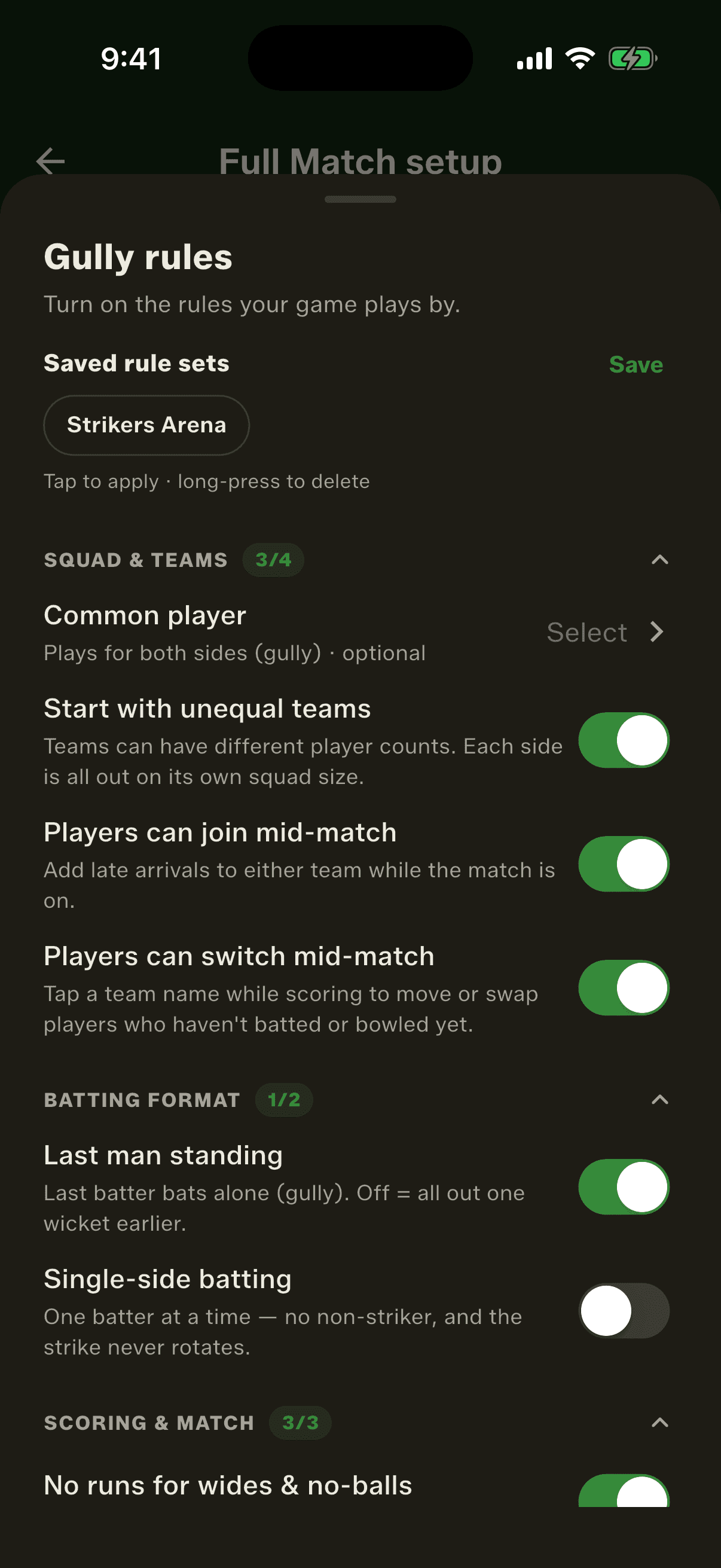 Gully Crix gully rules sheet with Last man standing switched on under Batting format