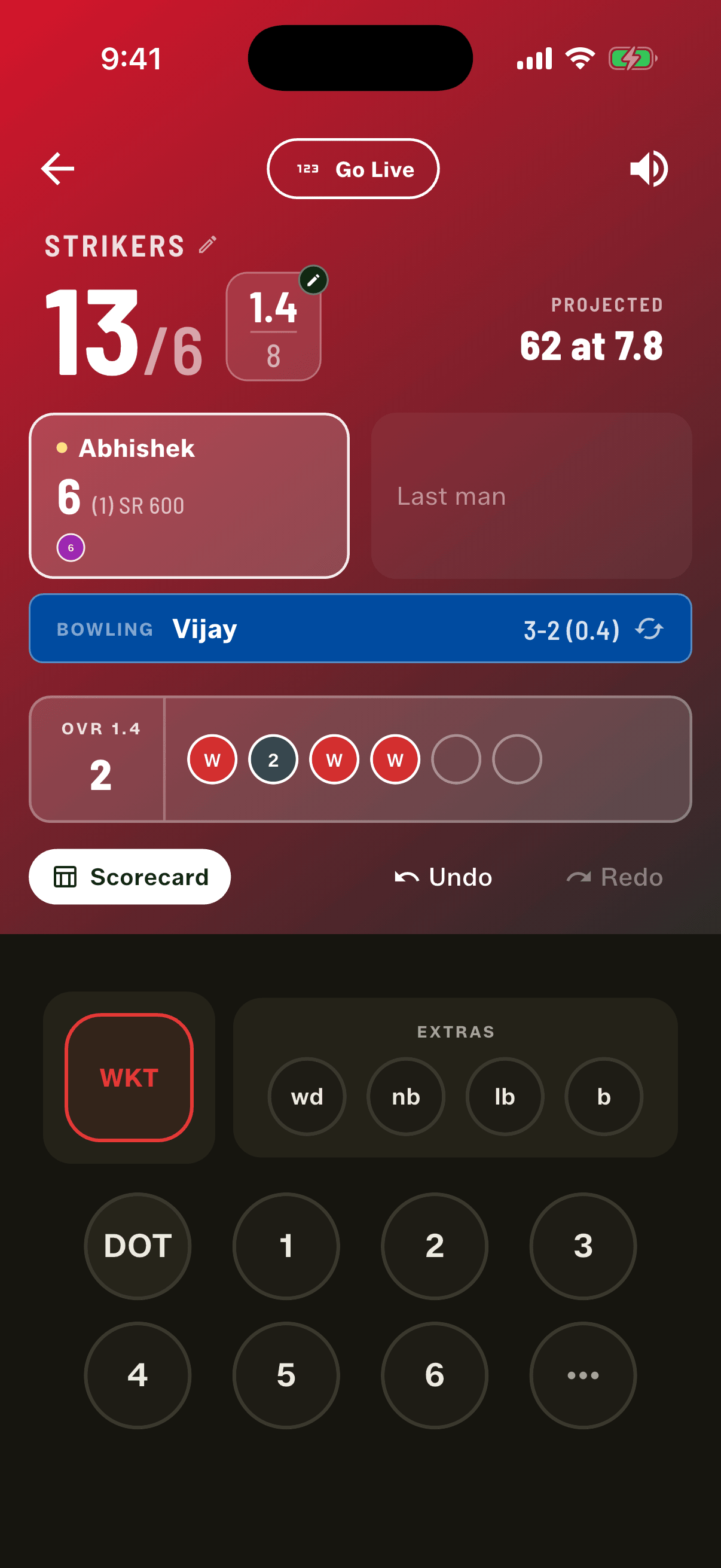 Gully Crix scoring screen at 13 for 6 in a seven-a-side match, with one batter at the crease and the partner card reading Last man