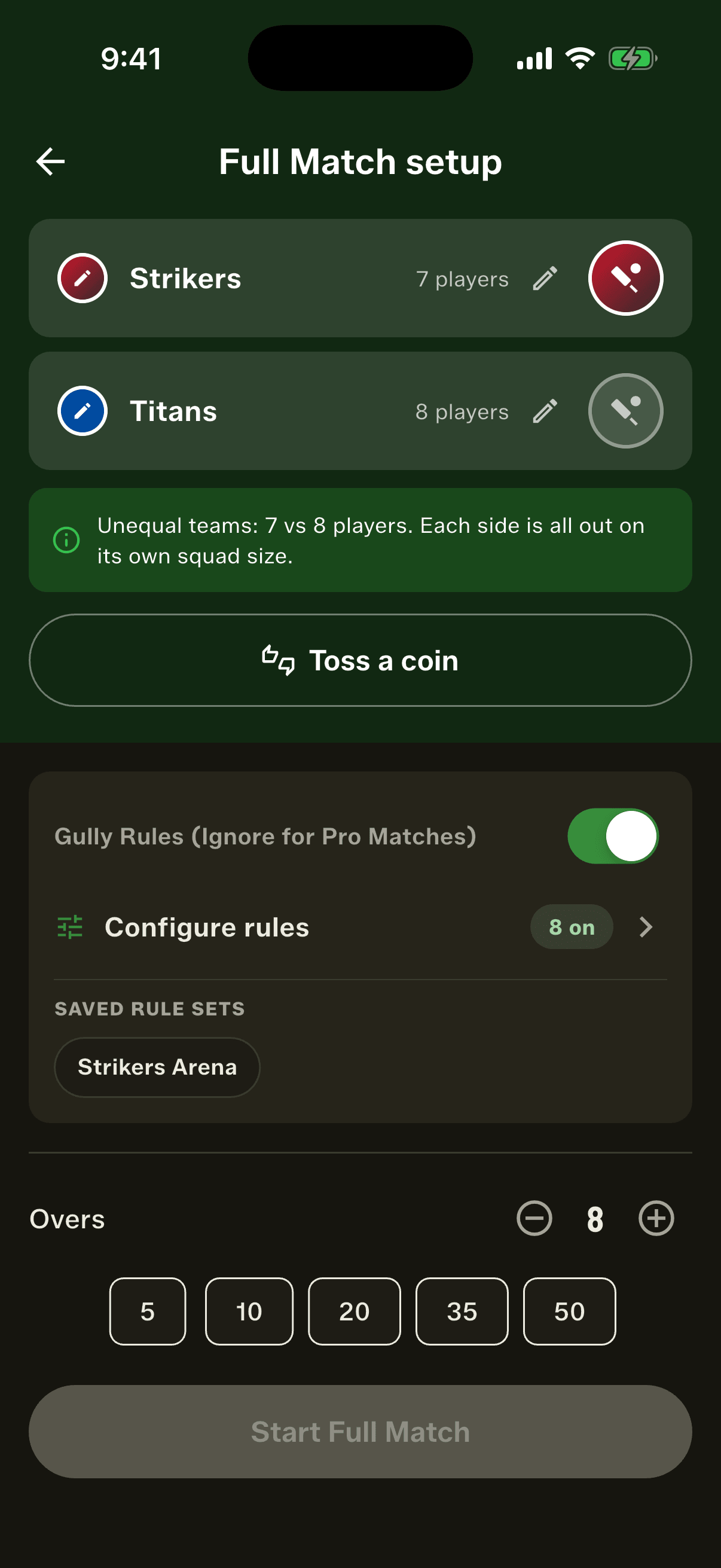 Gully Crix Full Match setup with Strikers on 7 players and Titans on 8, and a note that each side is all out on its own squad size