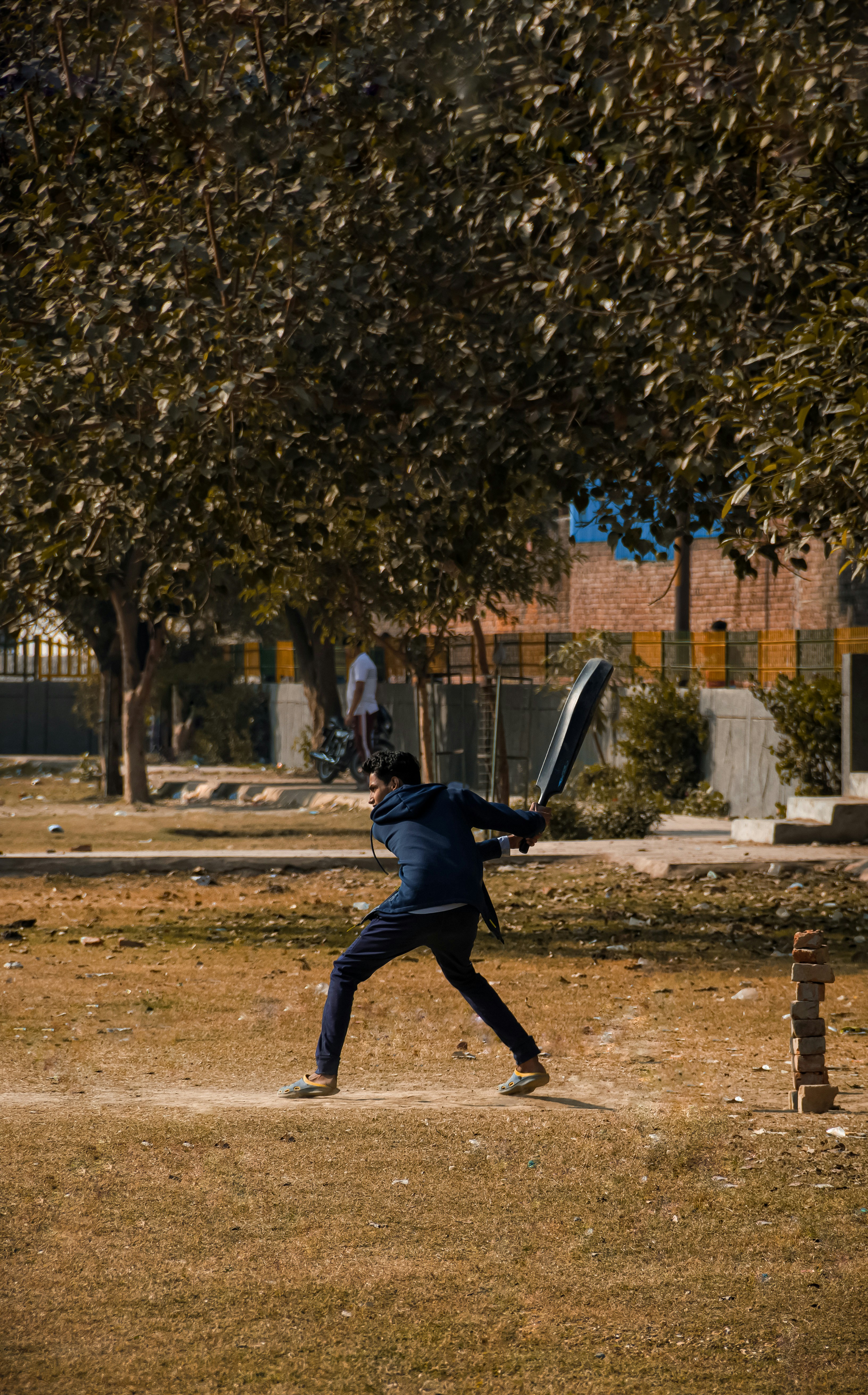 A batter drives under a tree during a neighbourhood park cricket match
